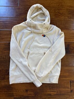 Aviator Nation Cream Hooded Pullover with Gold Zipper Pocket and Small Logo